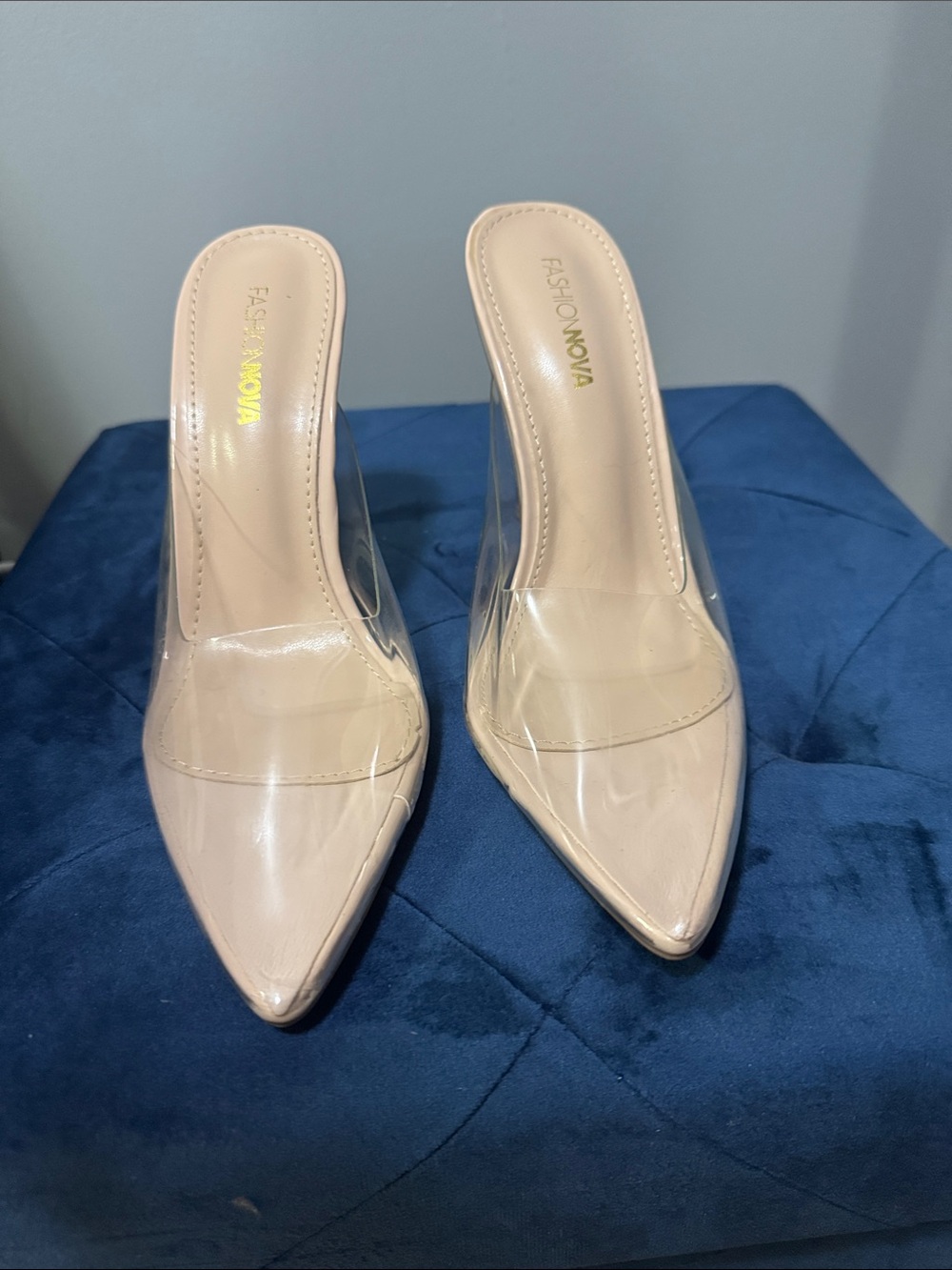 Fashion Nova Beige Clear Pointed Toe Mule Heels